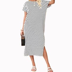 NEW Kidsform Off the Shoulder Short Sleeve Striped Black White Kaftan Maxi Dress